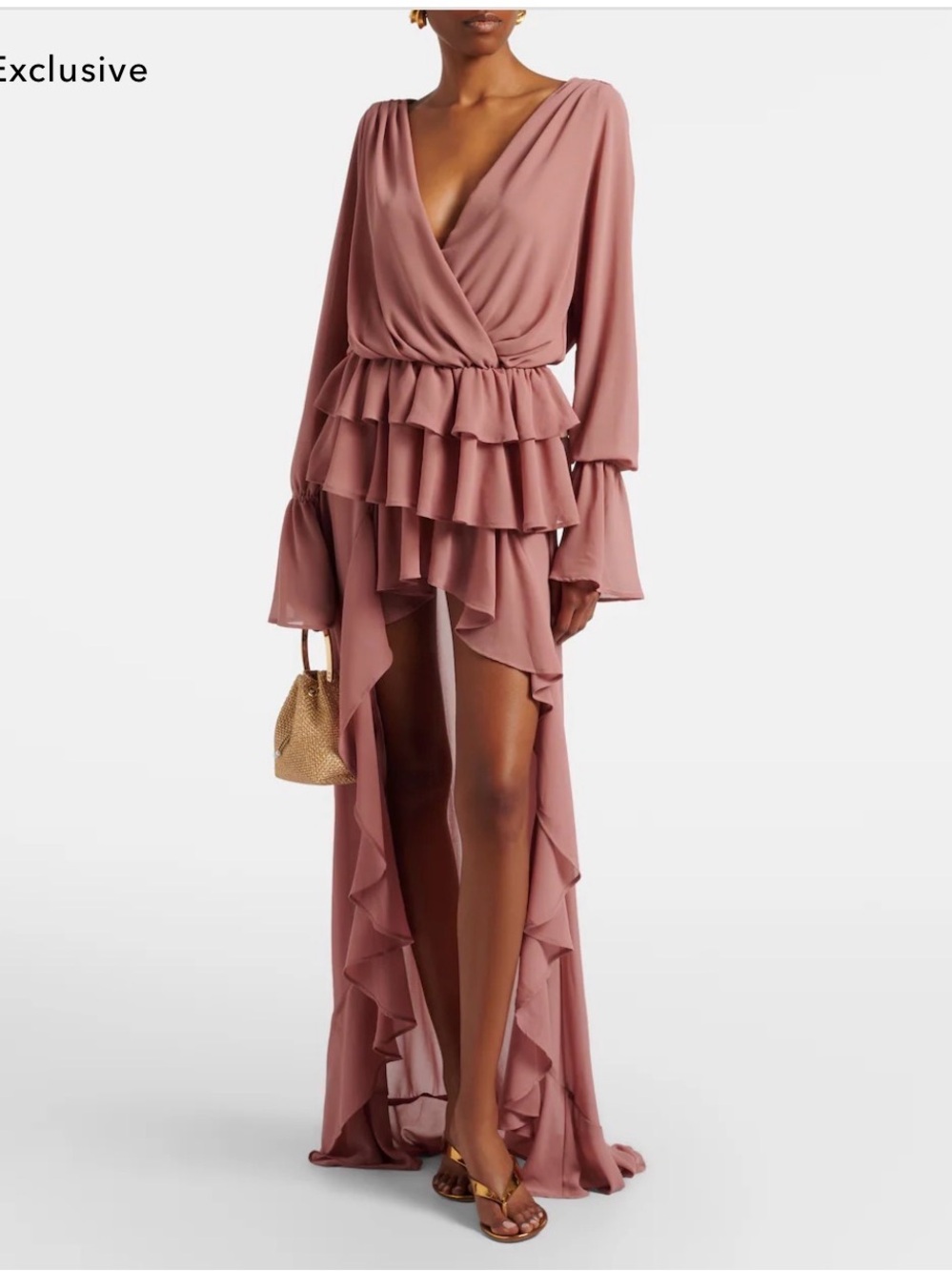 Romantic Mauve Ruffle Wrap Maxi Dress with High-Low Hem